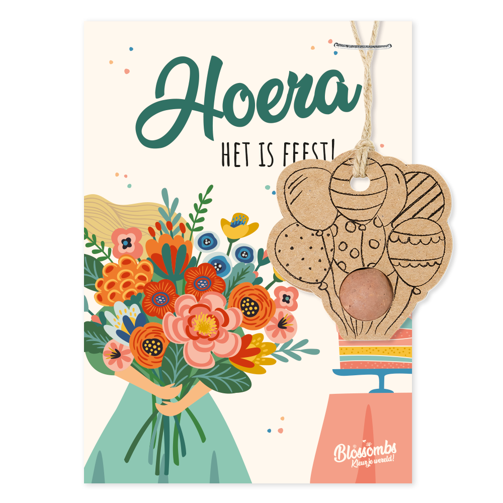 Blossombs wenskaart "Hoera, het is feest!" met bloembommetje en Ballonnenhanger 1 Hoera het is feest